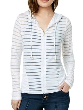 INC Women's Shadow-mesh Striped Front-zip Hoodie